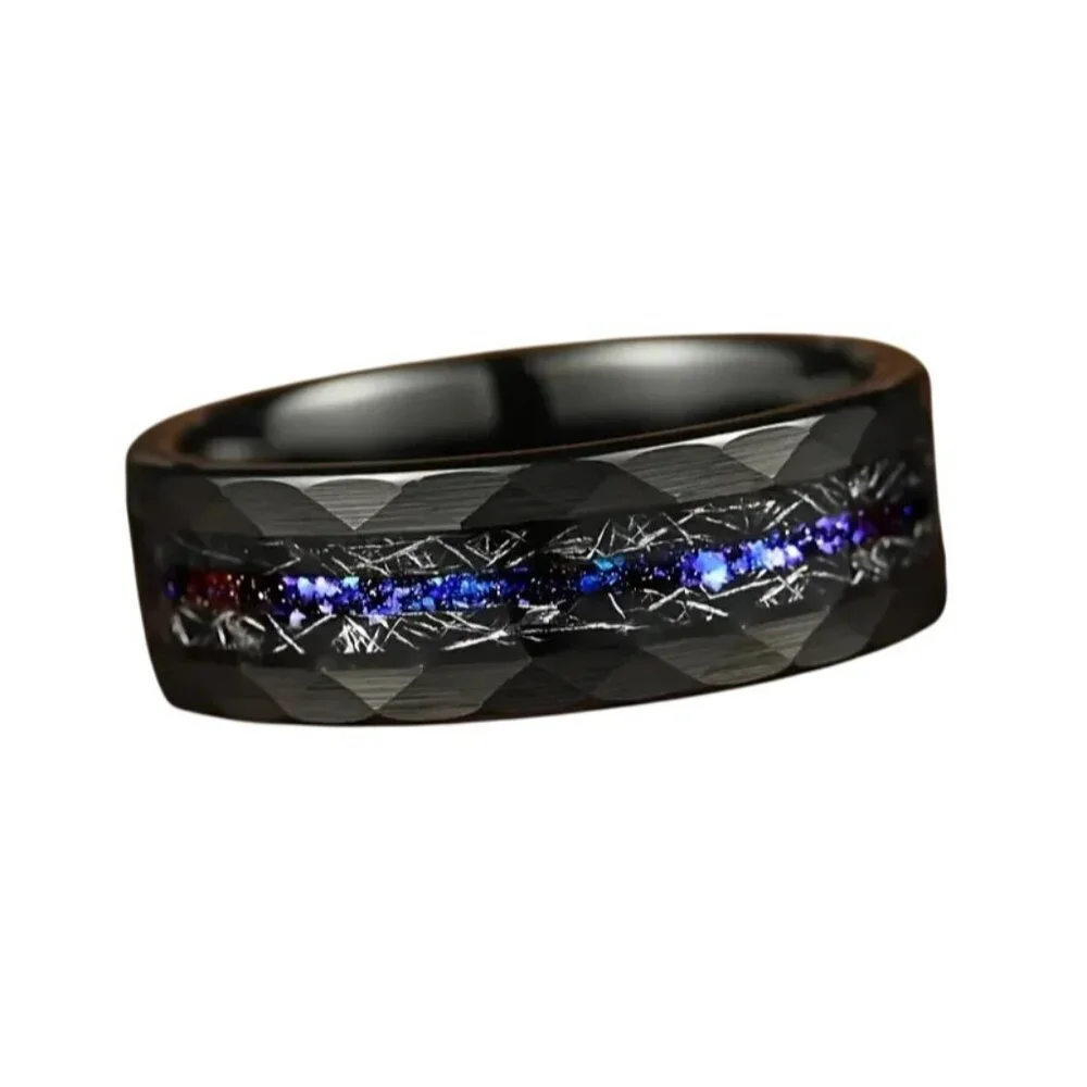 Tungsten Steel Matte Black  Hammered 8MM Double Beveled men's wedding ring